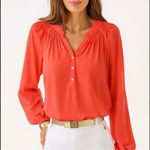 Lilly Pulitzer Elsa Silk Blouse Red Coral Long Sleeve Top Women’s M Style #4649